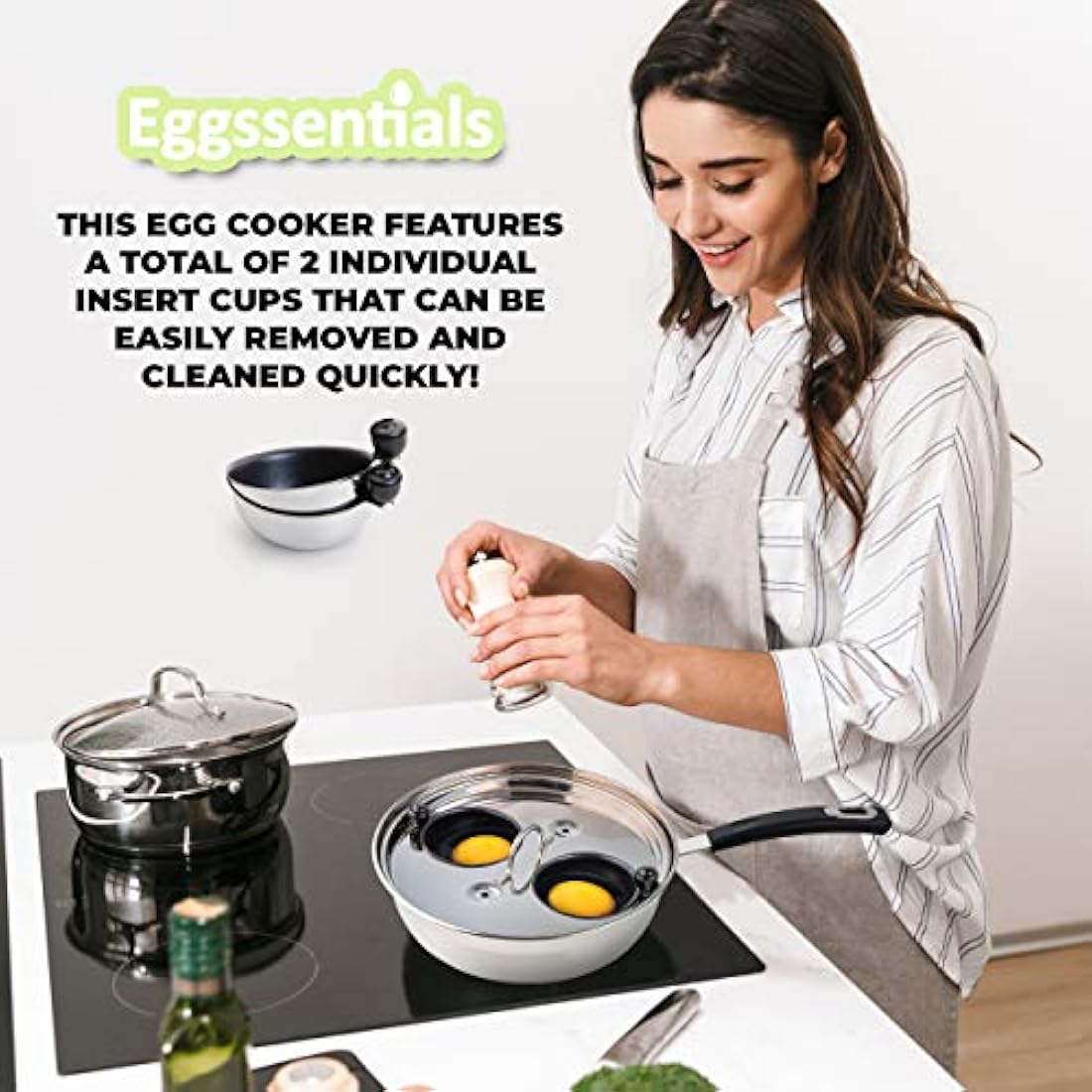 Eggssentials Egg Poacher Pan - Nonstick Coating, Stainless Steel, PFOA Free Poached Egg Maker with Spatula