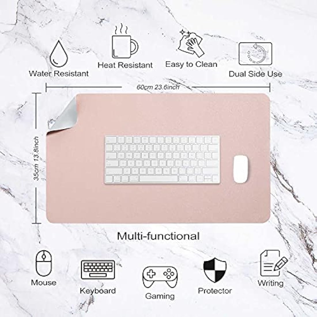 DOBAOJIA Desk Pad Large, Desk Mat, Extended Mouse Mat, Mouse Pad L, Desk Blotter, Laptop Pad Writing Pad for Office/Home, Dual-Side Use PU Leather Waterproof 23.6" X 13.8"(Pink/Silver)