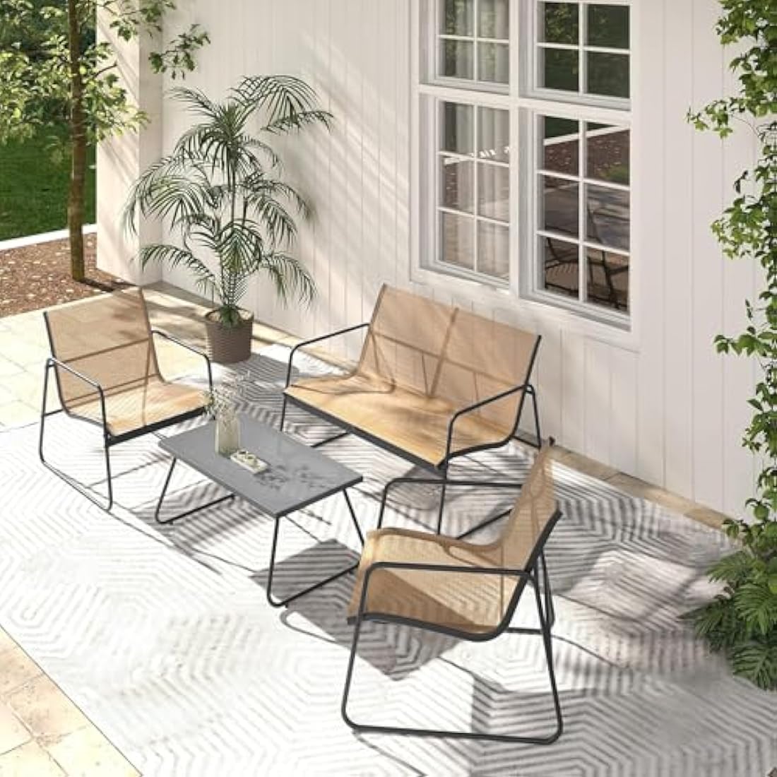 Grand patio Conversation Sets 4 Pieces, Garden Table and Chairs, mesh sling Material, Waterproof, Breathable, Garden Furniture Sets for Outdoor, Backyard, Poolside (Brown)