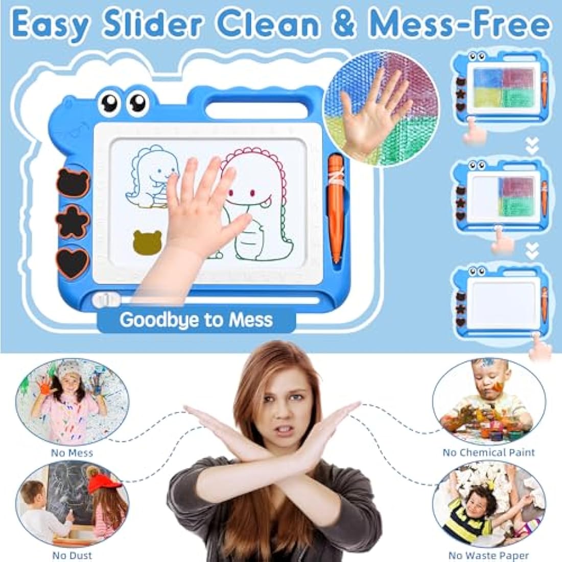 AiTuiTui Dinosaur Magnetic Drawing Board Kids Toys for 2 3 4 5 Years Old Girls Boys Birthday, Color Erasable Doodle Education Learning Kid Age 2-7, Toddler Drawing Travel Toys (Blue)