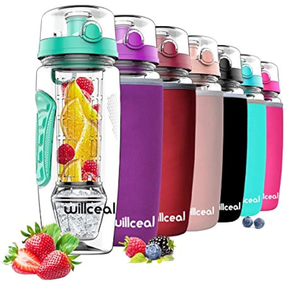 Fruit Infuser Water Bottle 32oz Durable with Detachable Ice Gel Ball,Large - BPA Free Tritan, Flip Lid, Leak Proof Design - Sports, Camping (Mint)