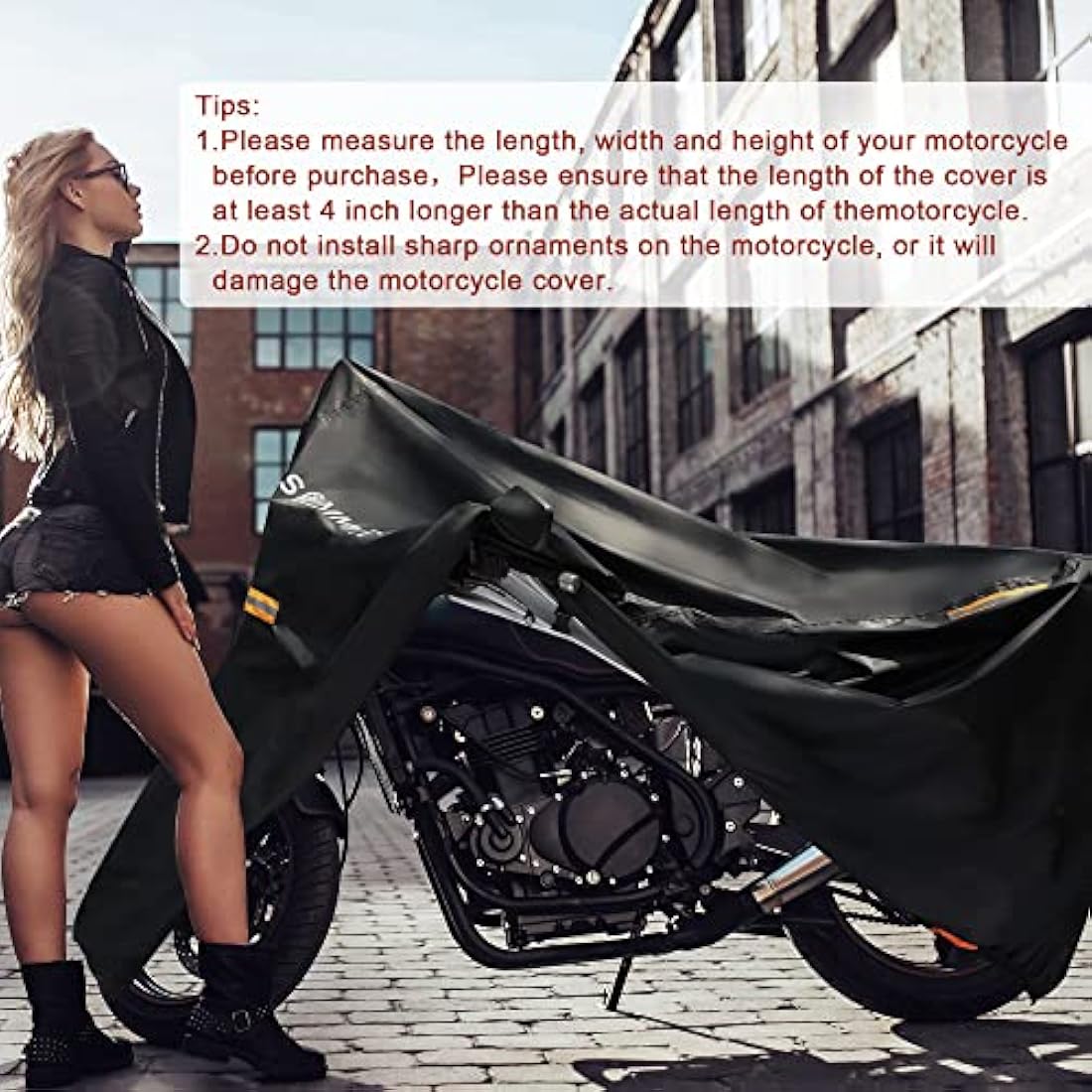 Motorcycle Cover Heavy Duty, 420D Universal Motorbike Covers, Sun,Waterproof Outdoor Protection,with License Plate Window, 4 Reflective Strips, Lock-Holes Storage Bag(L 86" x 37" x 43")