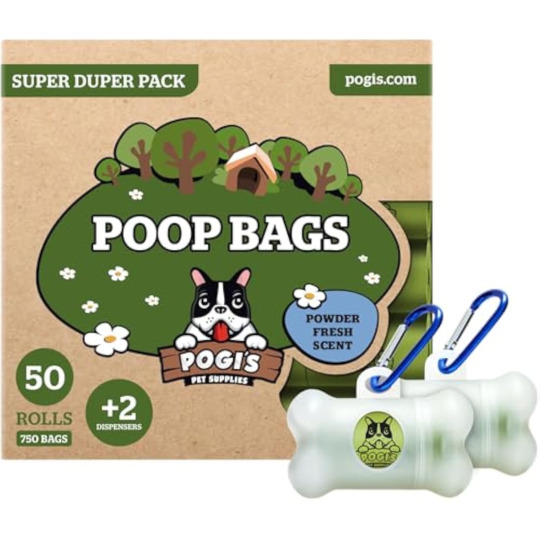 Pogi’s Dog Poo Bags – 750 Bags (50 Rolls) with 2 Dispensers – Biodegradable, Leak-Proof, Extra Strong