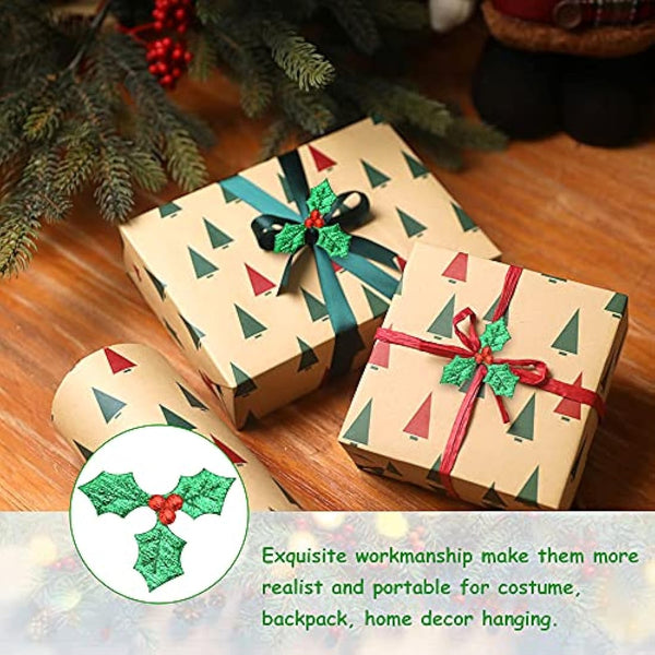 AFASOES 100 Pcs Artificial Holly Berry Leaves, Holly Leaves and Berries for Craft, Mini Triple Leaf Holly Berries Christmas Holly and Berry for Christmas Cake Topper Gift Box Decorations Crafts, 5cm