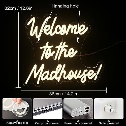 Horseneon Neons Signs Welcome to The Madhouse, Led Signs Neon Lights for Bedroom, Letter Neon Light Sign for Wall Decor Led Neon Lights for Pub Home Bar Room Club Party Window Decor present