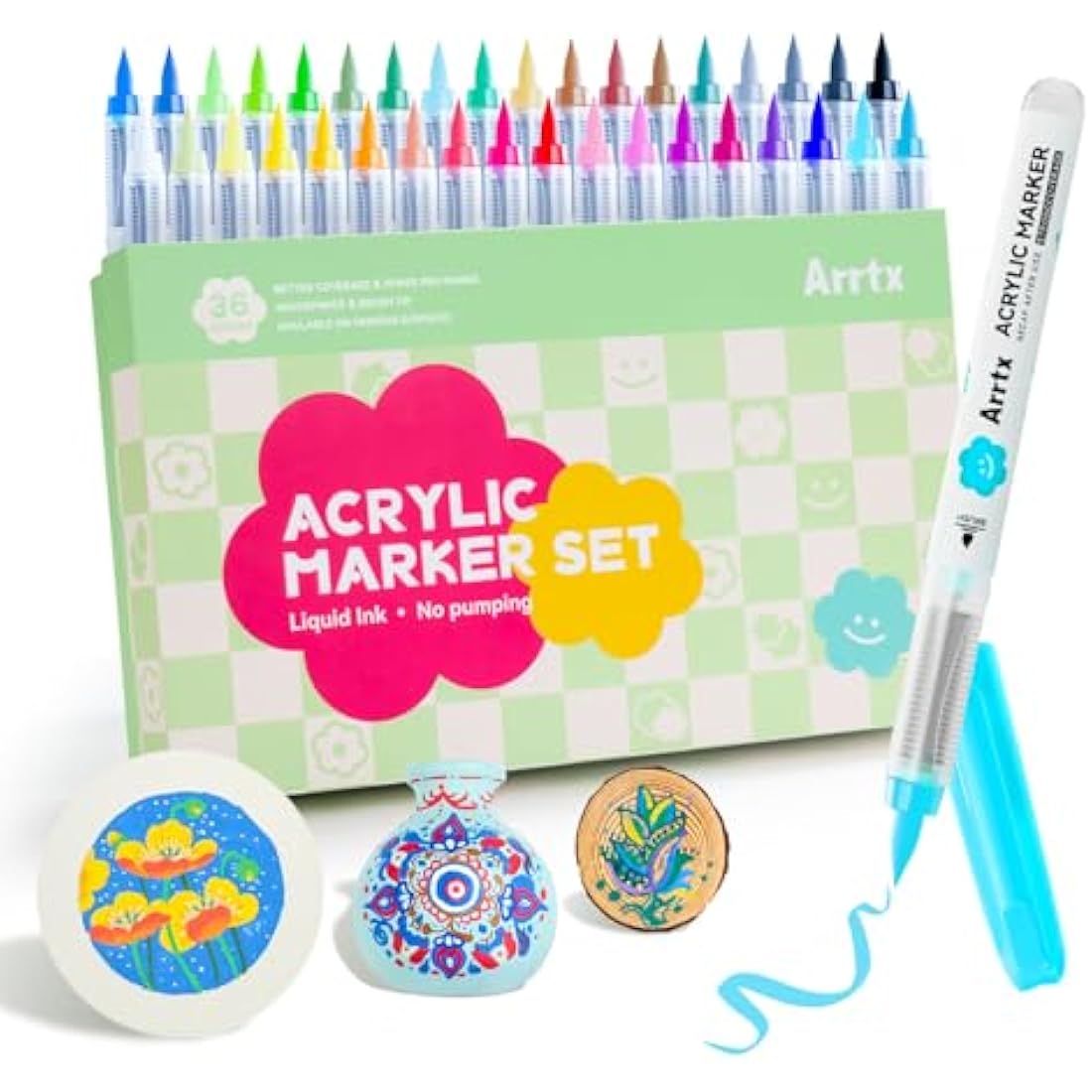 Arrtx 36 Colors Acrylic Paint Pens for Rock Painting, Brush Tip Acrylic Pen, Acrylic Markers, Waterproof Paint Marker, Art Supplies for Stone, Glass, Egg, Wood, DIY Crafts