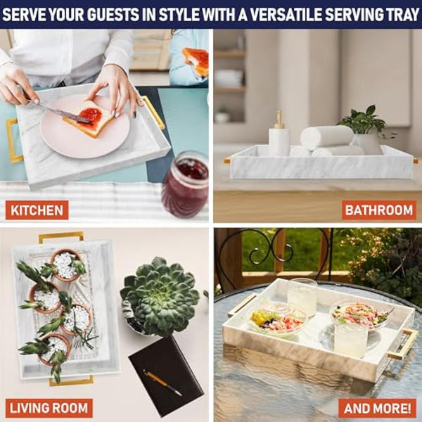 Acrylic Serving Tray with Gold Handles, 16" x 12" Decorative Trays for Coffee Table, Spill Proof Food and Drinks Server, Ottoman Tray for Countertop, Kitchen, Vanity, Serving Party Platter (Marble)