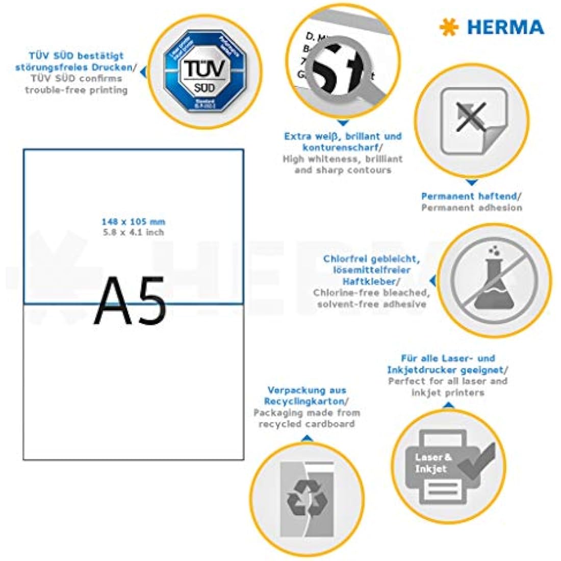 HERMA Self Adhesive Shipping Labels, 2 Labels per A5 Sheet, 400 Sheets, 148 x 105 mm, 800 Labels, Blank Parcel Labels Stickers, Sticky Labels for Laser & Inkjet Printer, White