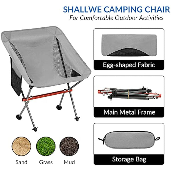 SHALLWE Ultralight Portable Camping Chair,Aviation Aluminum Frame Compact Folding Chairs,300lbs Capacity with Wide Feet and Storage Bag,Suitable for Camping,BBQ,Hiking,Beach,Lawn(Gray)