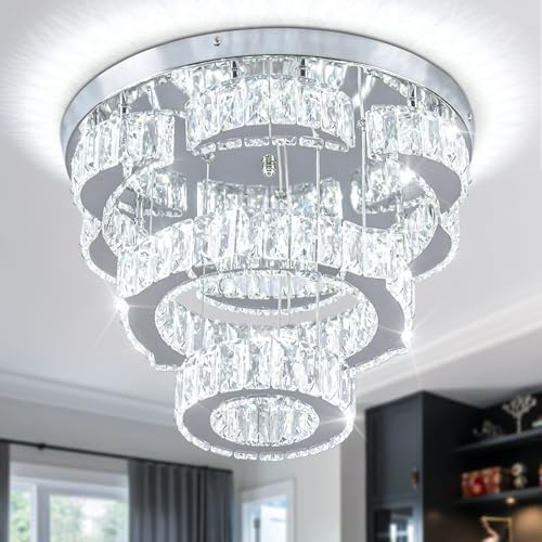 FRIXCHUR 15.7" Modern Crystal Chandelier Flower LED Flush Mount Ceiling Light 2 Rings Pendant Lights Chandeliers for Living Room Dining Room Bedroom (Cool White)
