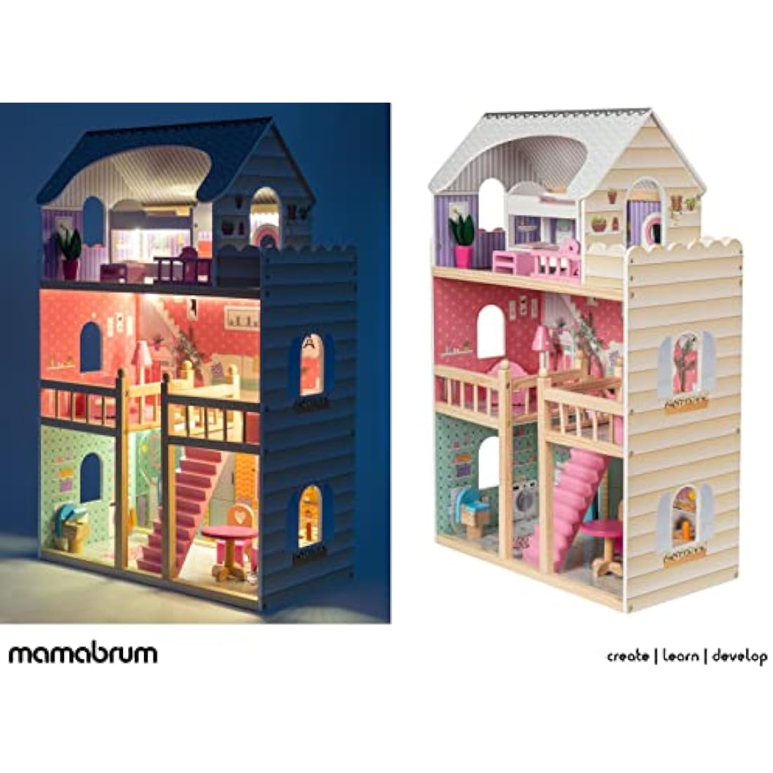 Mamabrum Dolls House with Furniture Set – Large 3-Story Wooden Playhouse with LED Lights – Fully Furnished Dollhouse for Girls – Pretend Play Set for Kids 3+