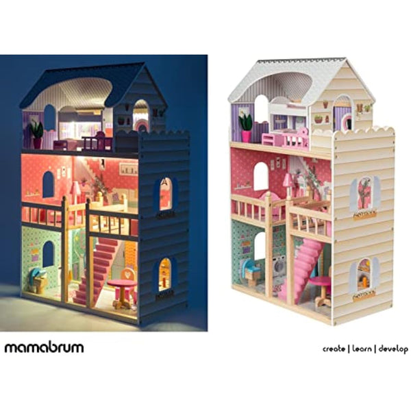 Mamabrum Dolls House with Furniture Set – Large 3-Story Wooden Playhouse with LED Lights – Fully Furnished Dollhouse for Girls – Pretend Play Set for Kids 3+
