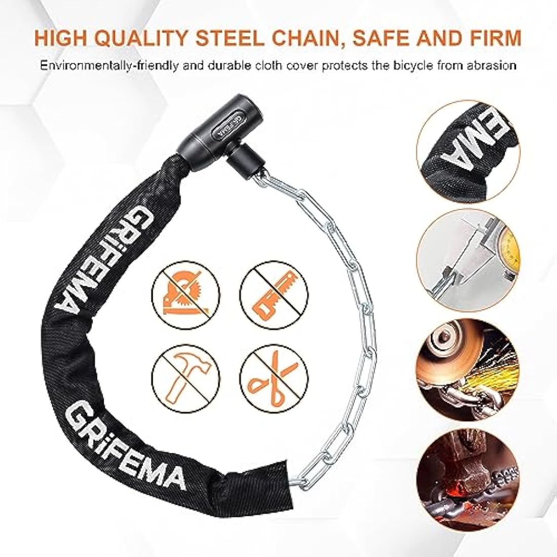 GRIFEMA GA1201-12 Bike Locks High Security with 2 Keys, Bike Chain Lock Heavy Duty, 120cm Bicycle/Cycling Locks for Bike Cycle, Moto, Door, Gate Fence, Black/White