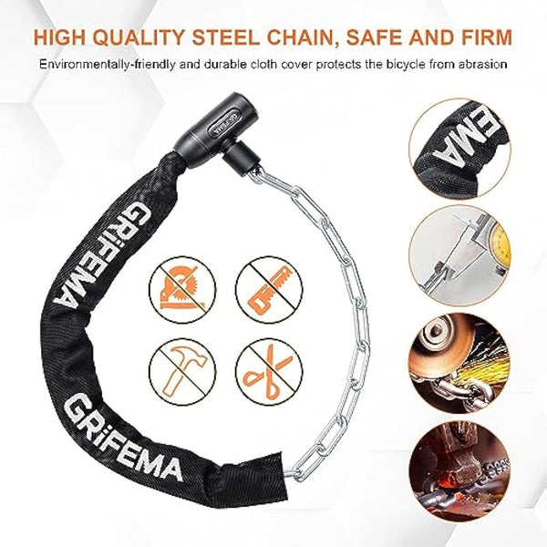 GRIFEMA GA1201-12 Bike Locks High Security with 2 Keys, Bike Chain Lock Heavy Duty, 120cm Bicycle/Cycling Locks for Bike Cycle, Moto, Door, Gate Fence, Black/White
