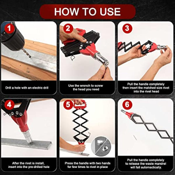 HAUTMEC 5-in-1 Rivet Gun 12" Expert Heavy-Duty Lazy Tong Pop Riveter with Portable Wrench, Single Pull Action Riveter, Fast Riveting HT0130-UK