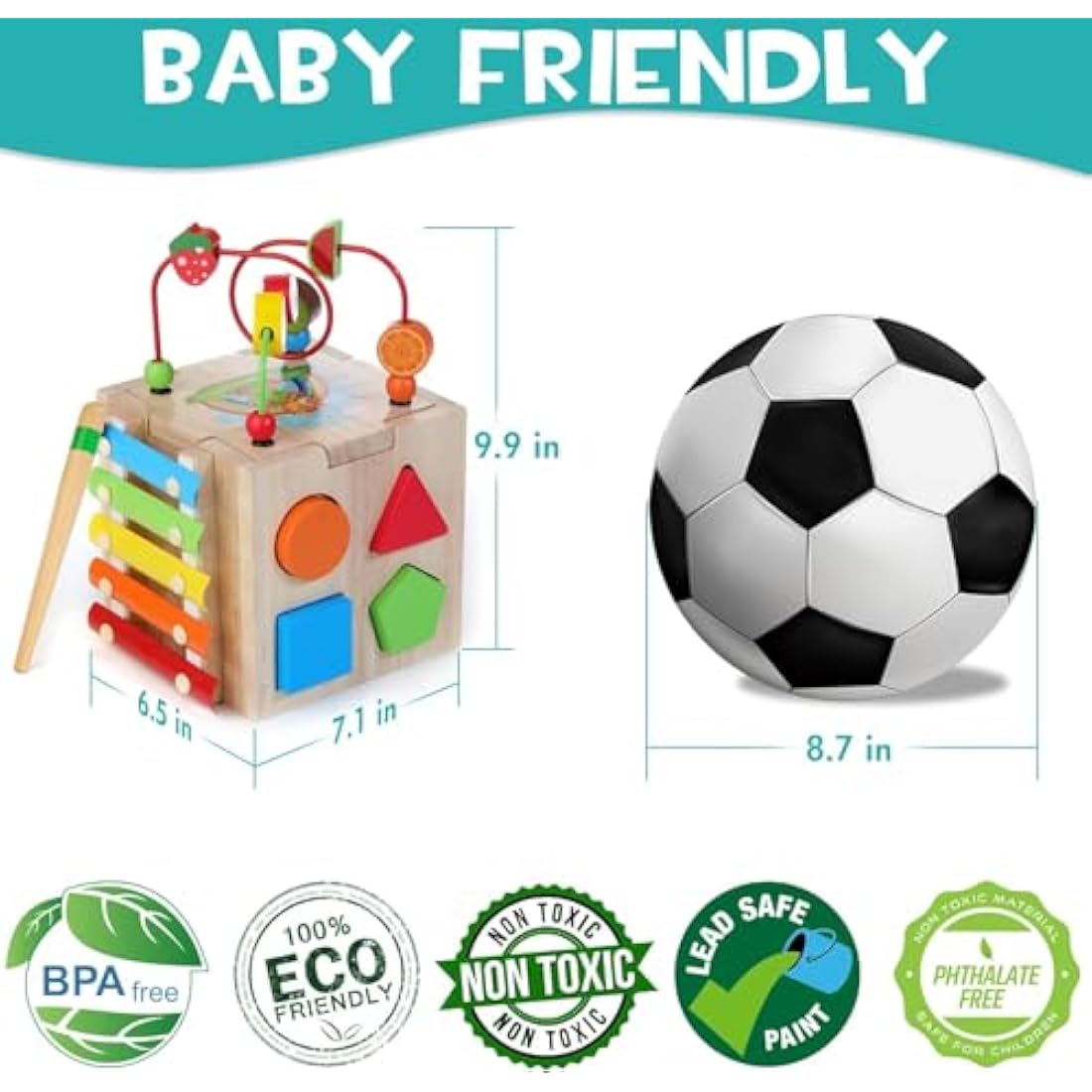 HELLOWOOD Wooden Activity Cube Baby Toys, 8-in-1 Montessori Educational Toy Set, Bead Maze Shape Sorter Abacus Xylophone Words & Clock Learning, STEM Toys for Boys Girls Toddlers Age 18 Months and up