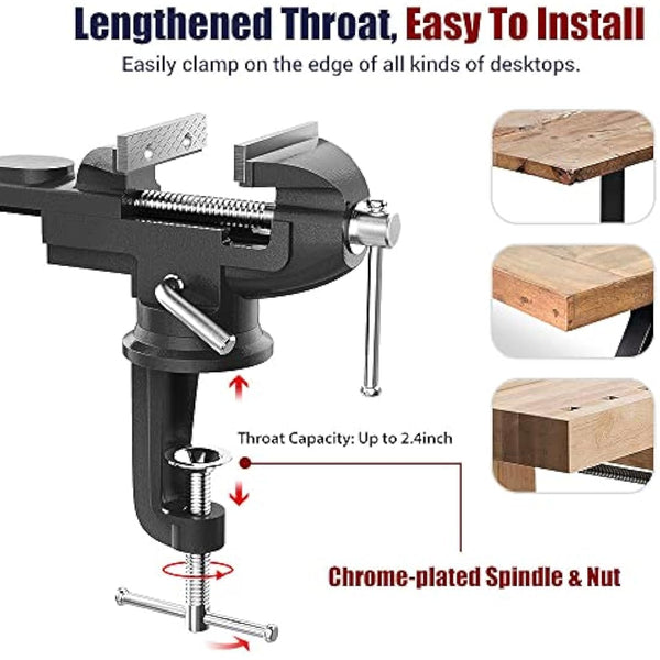 Nuovoware Table Vise 70mm, 360° Swivel Base Universal Home Portable Bench Clamp, Clamp-on Vise Bench Clamps Fixed Tool for Woodworking, Metalworking, Cutting Conduit, Drilling, Sawing, Black