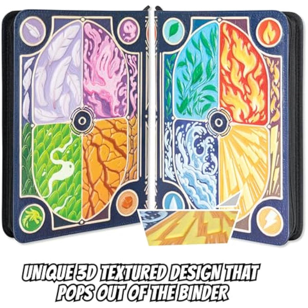 3D Card Binder for Pokemon - Stunning 3D Raised Elemental Design in PU Leather with Zipper - Includes 9 Pocket Pages for 360 Cards. Great Sleeve Album/TCG Holder/Trading Card Collection Book Gift.