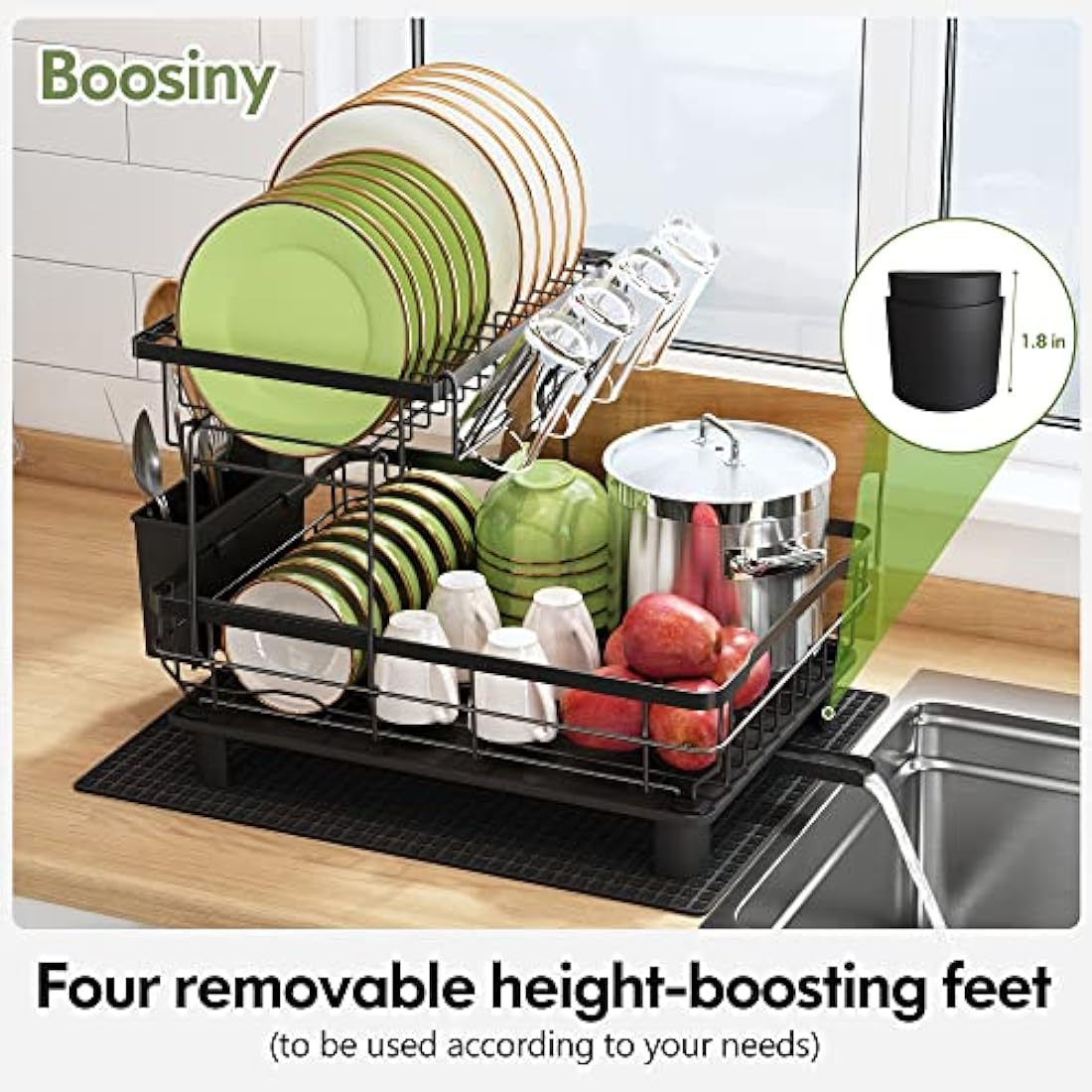 Dish Drainer Rack, 2 Tier Dish Drainer with Drip Tray and Drying Mat, Stainless Steel Draining Board Rack with 360° Swivel Drainage Spout, Utensil Holder, Cups Holder, Cutting-Board Holder, Black