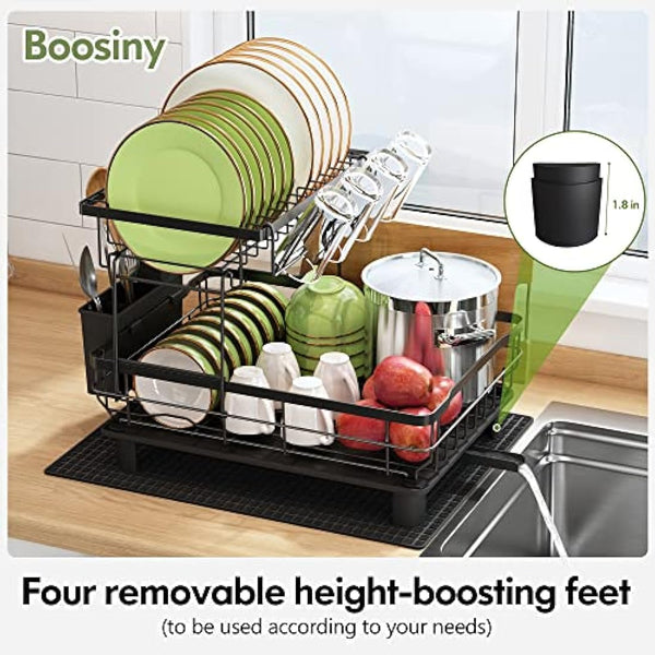 Dish Drainer Rack, 2 Tier Dish Drainer with Drip Tray and Drying Mat, Stainless Steel Draining Board Rack with 360° Swivel Drainage Spout, Utensil Holder, Cups Holder, Cutting-Board Holder, Black
