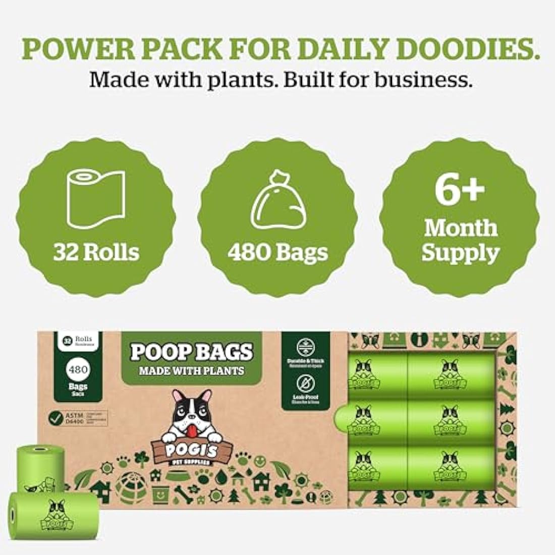 Pogi's Compostable Dog Poo Bags – Leak-Proof, Extra-Large, Made with Plants – 32 Rolls (480 Bags)