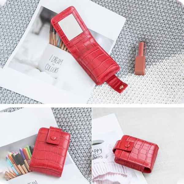Lipstick Case, Aolaso Soft Leather Lipstick Holder Case with Mirror, Mini Cosmetic Storage for Women (Red)