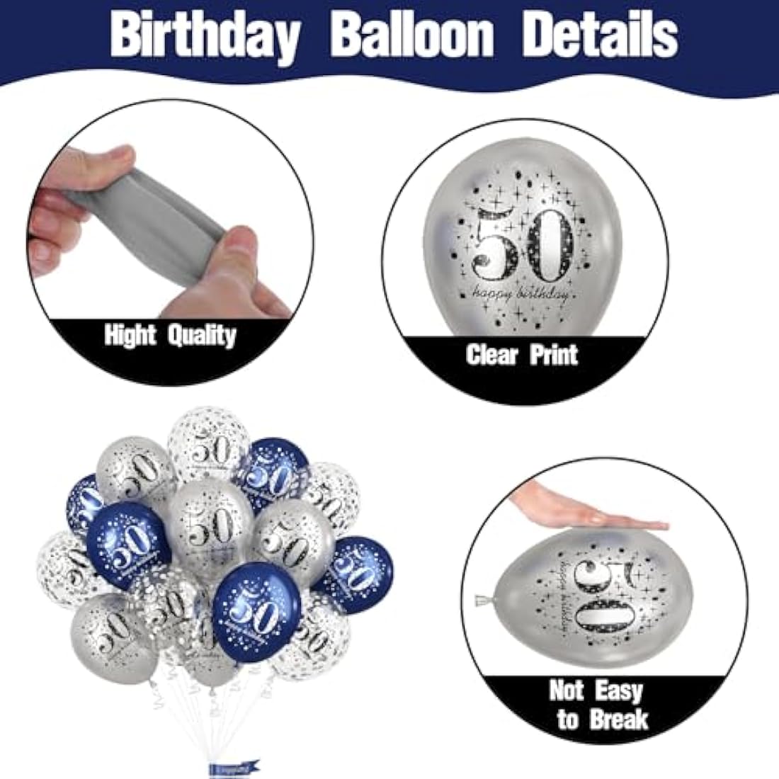 Happy 50th Birthday Balloons Navy Blue Silver, 15 Pieces 50th Birthday Decorations for Men, Blue Silver 50th Party Balloons for Him Age 50 Years Old 50th Birthday Party Decor Celebration Supplies