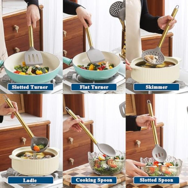 Gold Kitchen Utensils Set, Kyraton 38 Pieces Non-Stick Silicone Cooking Utensils Set, Spoon Spatula Set with Sturdy Stainless Steel Utensil Holder, Dishwasher Safe