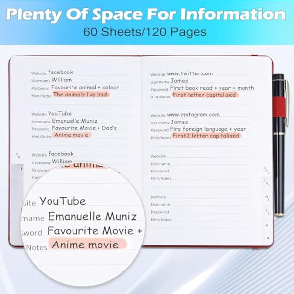 JIANTA Password Book Alphabetical with Tabs A-Z Index Hardback for Internet Website Address Contacts Password Organizer with Pen, Elastic Band, Inner Pocket (13cm x 19cm, Burgundy)