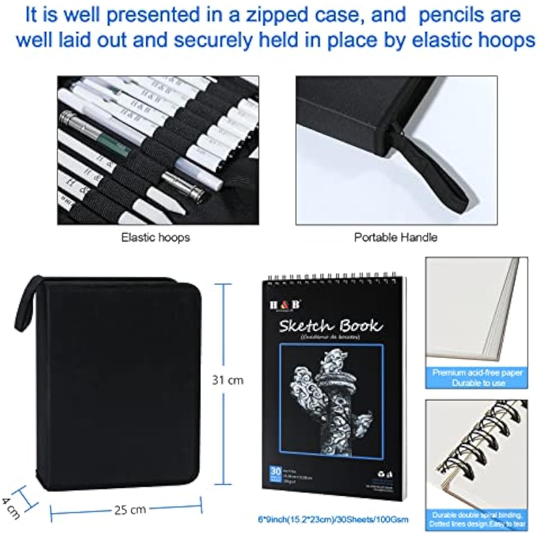 H & B 70 Pack Sketching Pencil Set with Sketchbook, Professional Sketch Pencils for Drawing, Art Supplies for Adults, Artists, Beginners