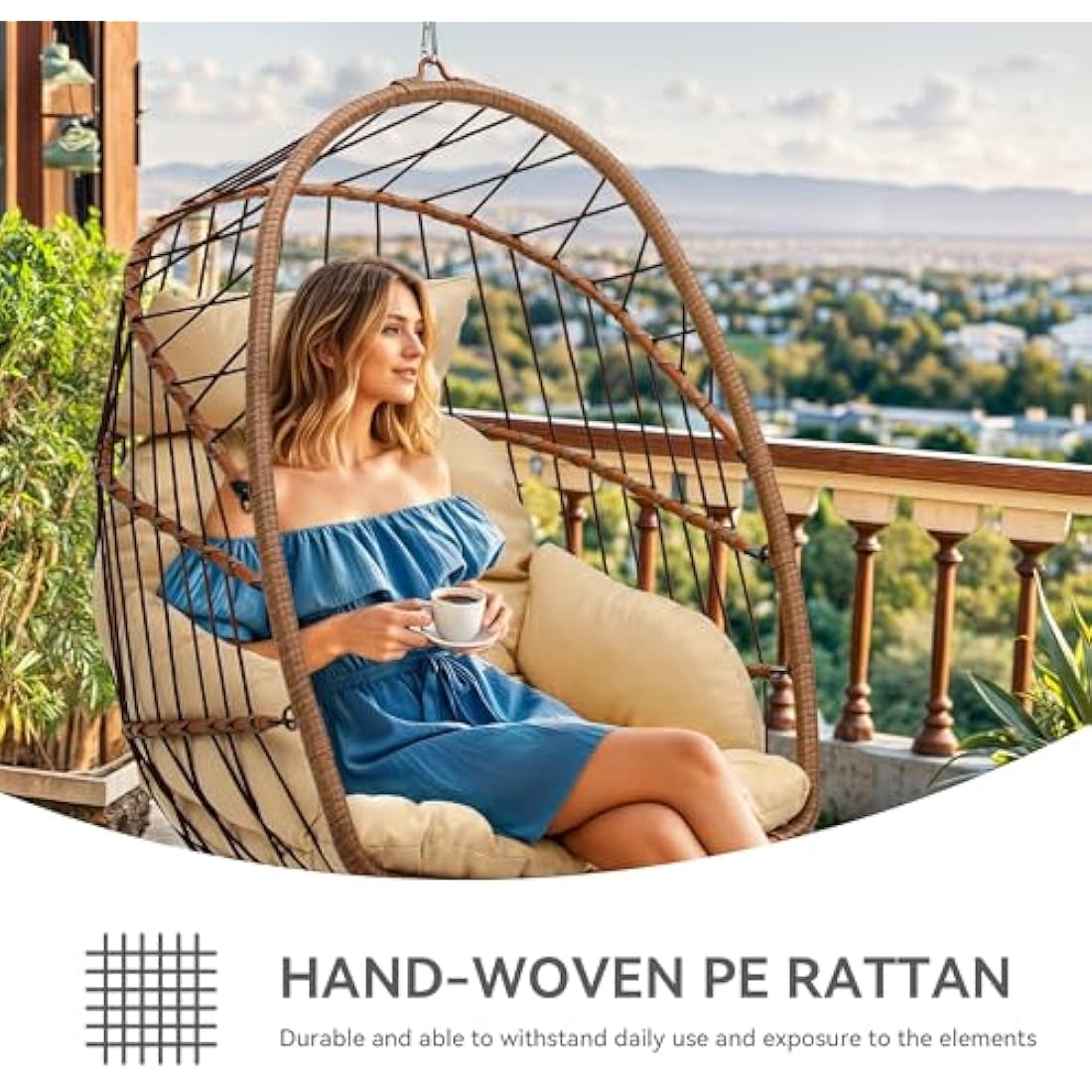 YITAHOME Rattan Egg Chair，Swing Egg Chair w/ Cushions，Sturdy Steel Frame，105x74x72 cm Hanging Egg Chair w/ a Chain & S Hook Patio，Garden，Living Room，Brown Egg Chair & Beige Cushion (FTPLPS-1010-E)