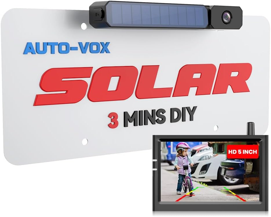 AUTO-VOX Solar Wireless Reversing Camera Kit, 3 Mins Easy Install Reverse Camera with HD Night Vision, Stable Digital Signal, IP69K Waterproof Reversing Camera Wireless for Car, Vans, Motorhome, Truck