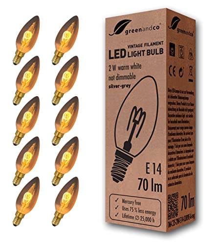 greenandco E14 C35 LED Vintage Filament Bulb Silver Grey 2W 70lm 1800K Extra Warm White 360 230V, no Flicker, not dimmable, 10-Pack