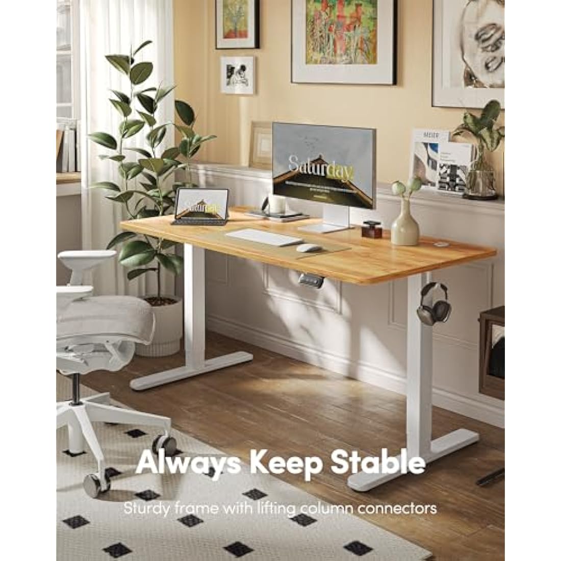 FEZIBO Electric Height Adjustable Standing Desk, 60x120cm Ergonomic Home Office Table with Splice Board & Light Brown Wood Grain Surface, Upgraded Stable Steel Frame for Sit-Stand Workstation