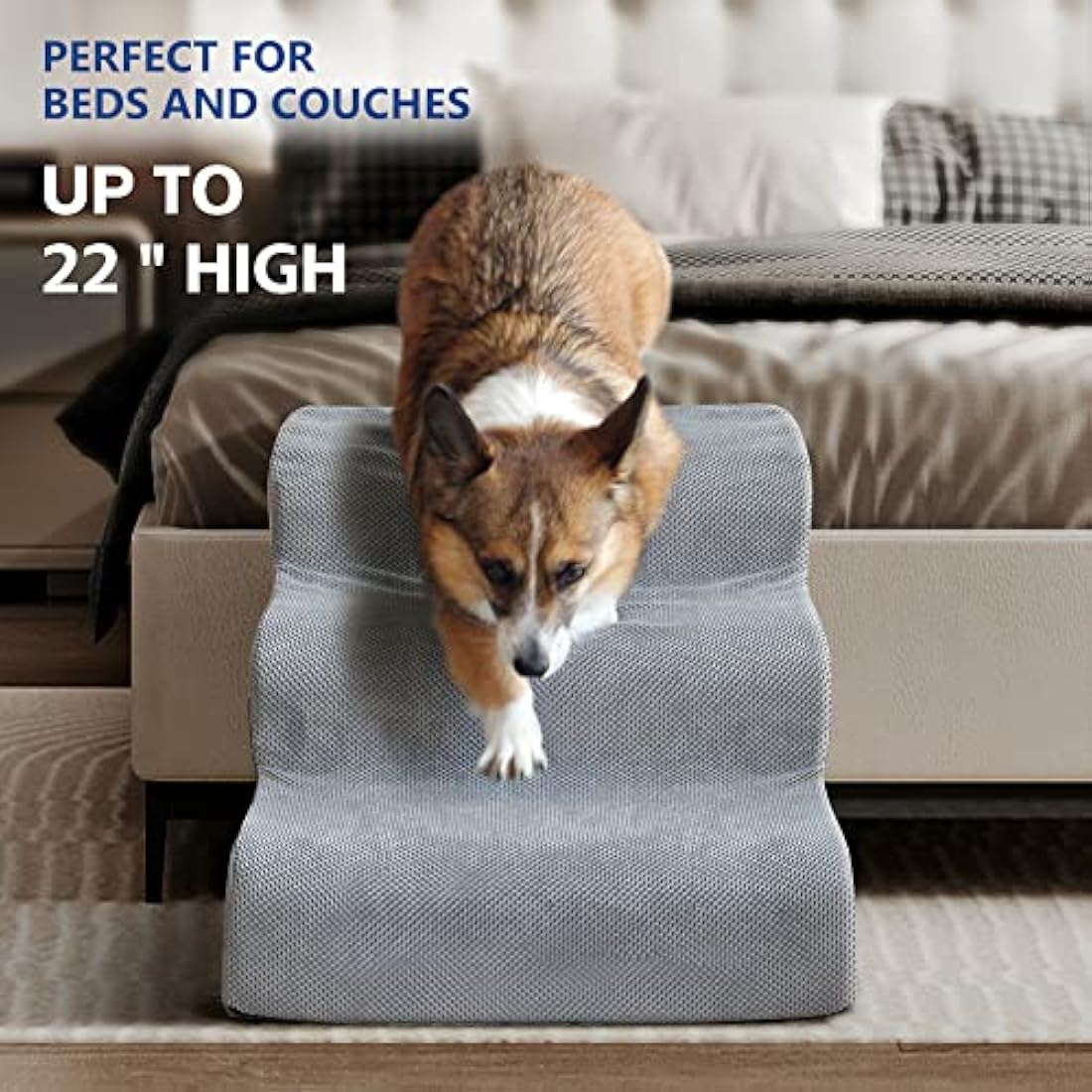 3 Tiers Foam Dog Stairs for High Bed, Easy to Carry with Handle Design, High Density Foam Dog Ramp for Small Dogs, Pet Steps for Older Dogs/Cats with Joint Pain, Ramp Stairs for Couch