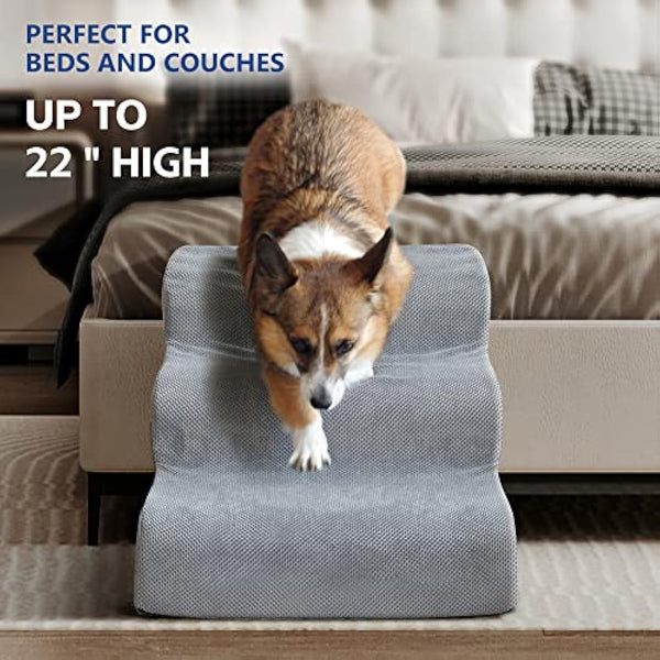 3 Tiers Foam Dog Stairs for High Bed, Easy to Carry with Handle Design, High Density Foam Dog Ramp for Small Dogs, Pet Steps for Older Dogs/Cats with Joint Pain, Ramp Stairs for Couch