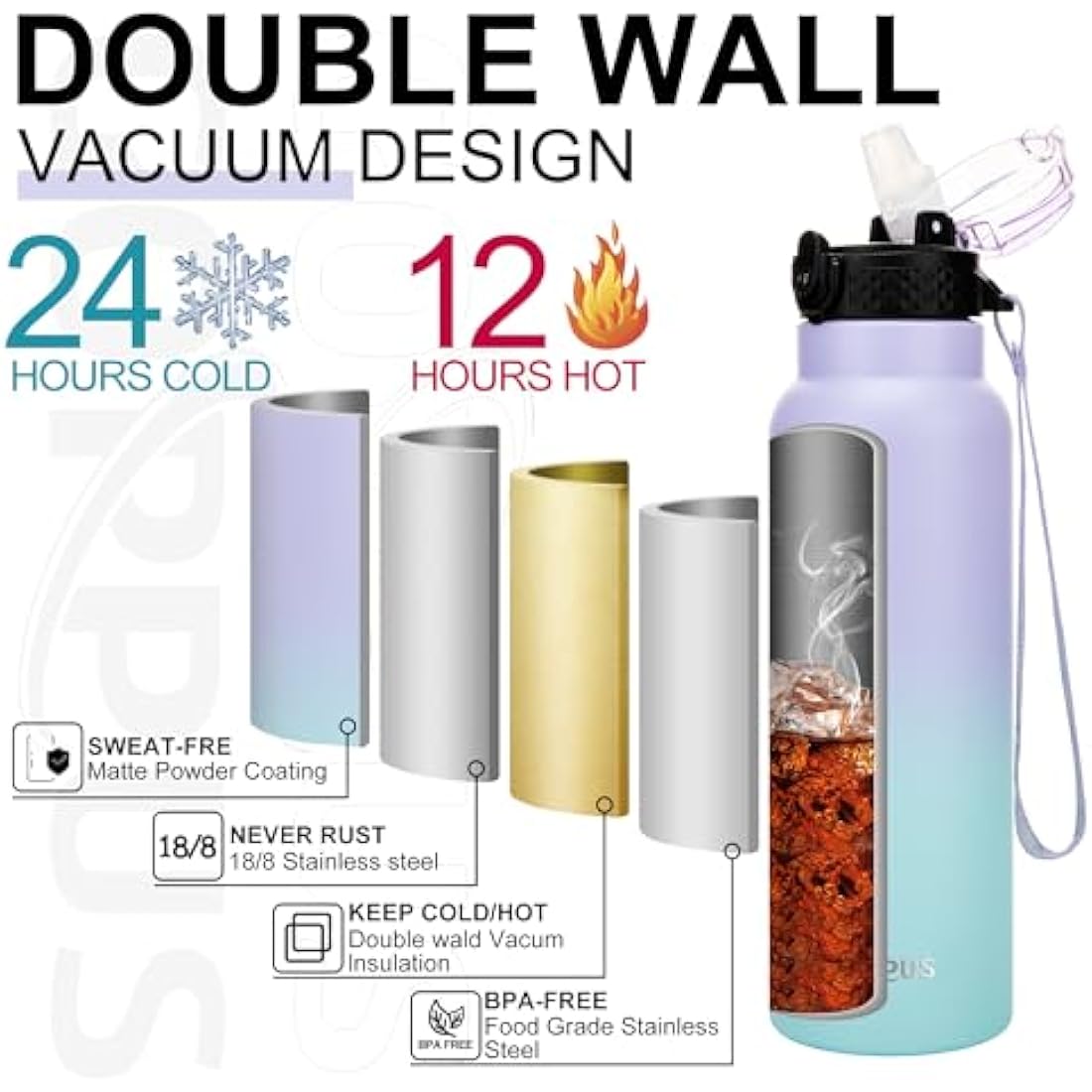 GOPPUS 750ml/26oz Stainless Water Bottle with Straw Double Wall Insulated Bottles with Strap Reusable Vacuum Thermal Flask Leakproof Keep Cold Drinks Bottles with Flip Top Lid for Men Women BPA Free