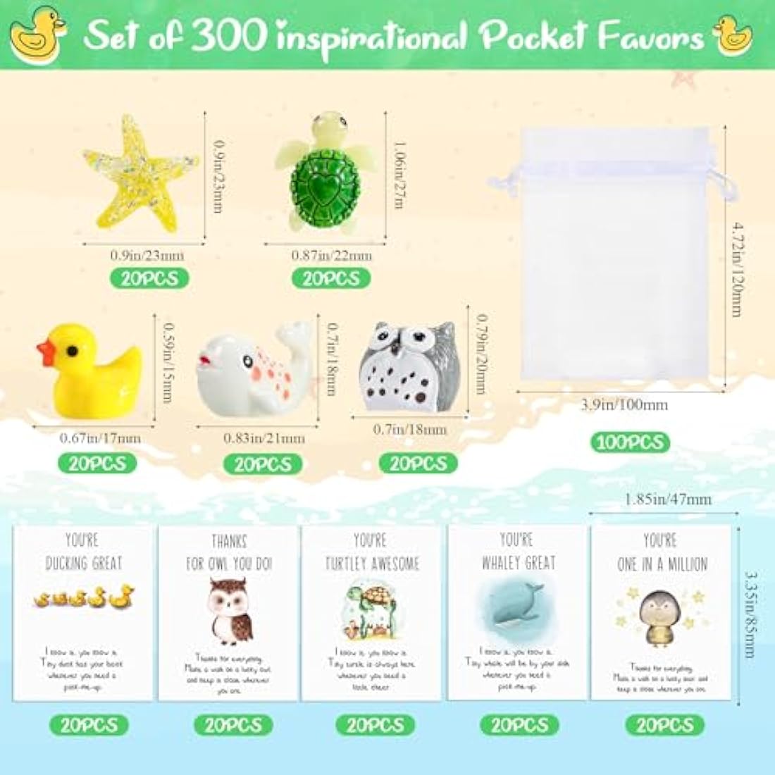 Fumete 100 Set Employee Appreciation Gifts Bulk for Coworkers Thank You Staff Gift Animal Pun Inspirational Note Cards Funny Resin Ducks Stars Whales Turtles Owls Office Gifts Pocket Favors