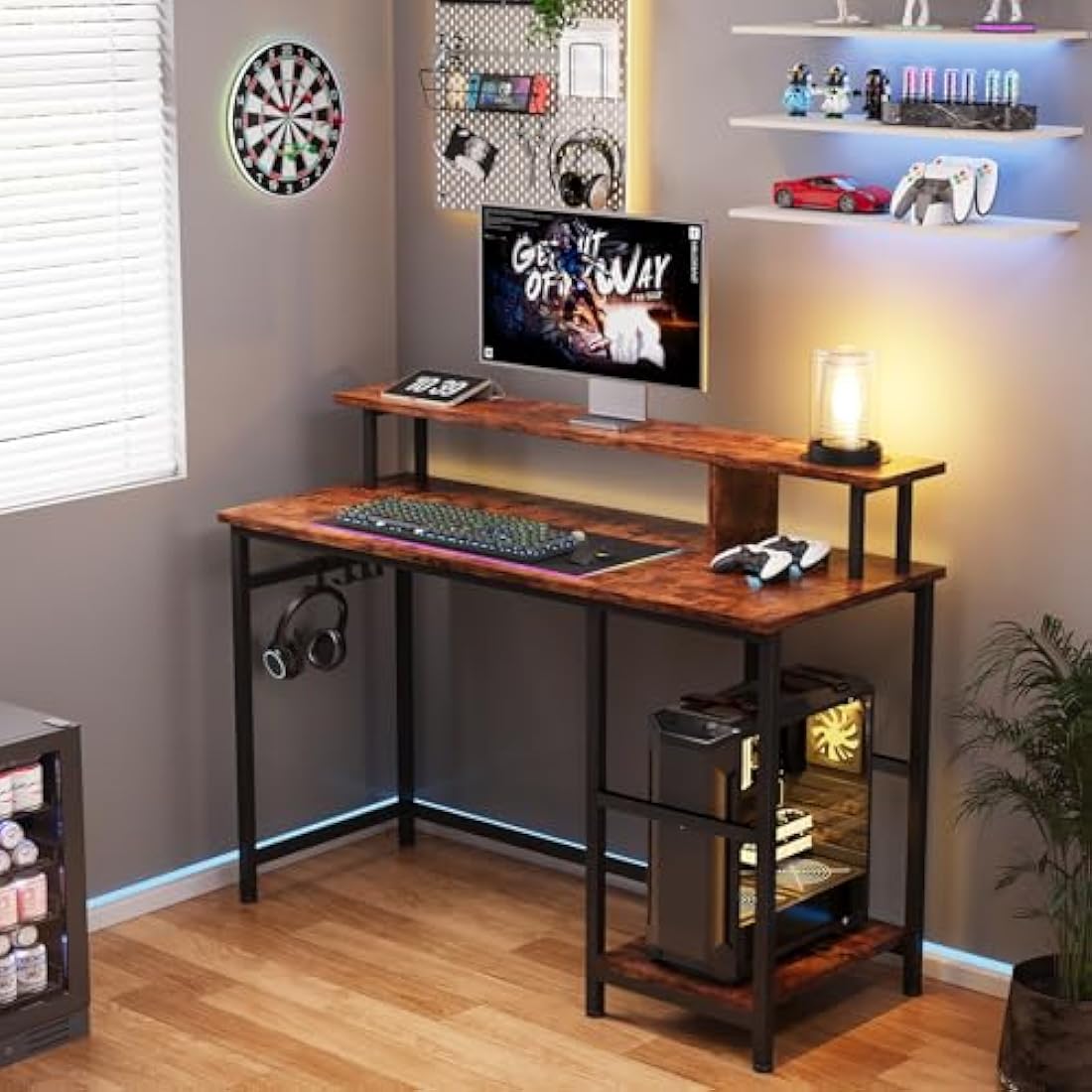 Dripex Computer Desk Home Office Desk with Monitor Stand & Storage Shelves Rustic Brown Work Writing Desk Gaming Table for Small Spaces (L107.5x W48x H95cm)