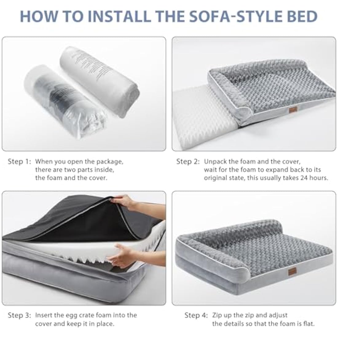 BFPETHOME Large Orthopedic Dog Bed - Big Waterproof Sofa Dog Bed with Removable Washable Cover, Grey, 42"L x 30"W x 7.5"Th