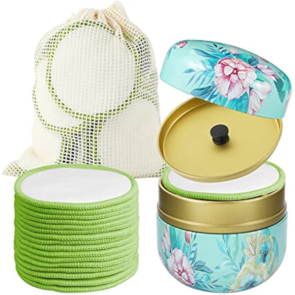 16Pcs Reusable Face Makeup Remover Pads 100% Organic Cotton Pads Cleaning Face Wipes Cloth Washable Face Round Cotton with Laundry Net Bag and Fashionable Metal Box Suit for Adults and Kids