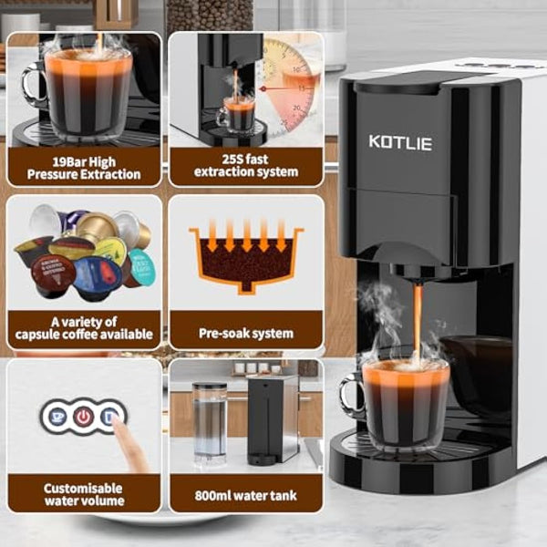 Espresso 4in1 Coffee Pods Machine for Nespresso Original/Dolce Gusto/Ground Capsule and ESE Coffee Pods,19 Bar Automatic Coffee Capsule Machine, AC-513K (BLACK)