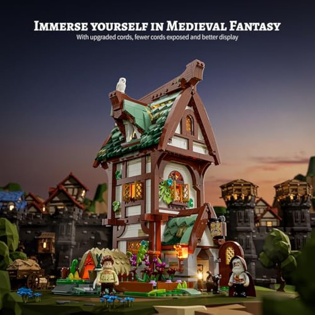 FUNWHOLE Medieval Apothecary Shop Building-Bricks Set with LED Lights, 1470 Pcs Middle Age Town Construction Toy Building Model Set for Adults and Teen