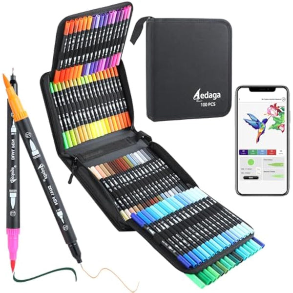 AEDAGA 100 Numbered Dual Tip Colouring Pens with Free App,Felt Tip Pens for Adult Colouring Books, Brush Pen Art Supplies for Calligraphy Drawing Sketching Journaling Painting