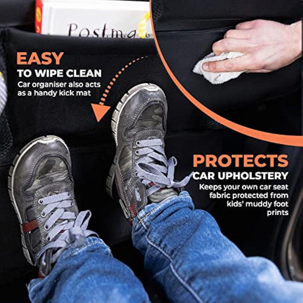 Huckaboo Car Seat Organiser - Kids Back Seat Organiser, Storage Pockets, Screen Holder, Black, 1 Pack