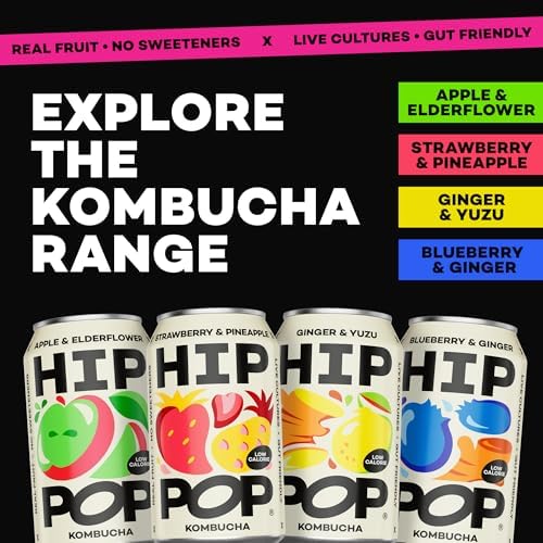Hip Pop Kombucha, Blueberry & Ginger, Low Calorie, 100% Natural, Vegan, Branding of Cans May Vary, 24 x 330 ml