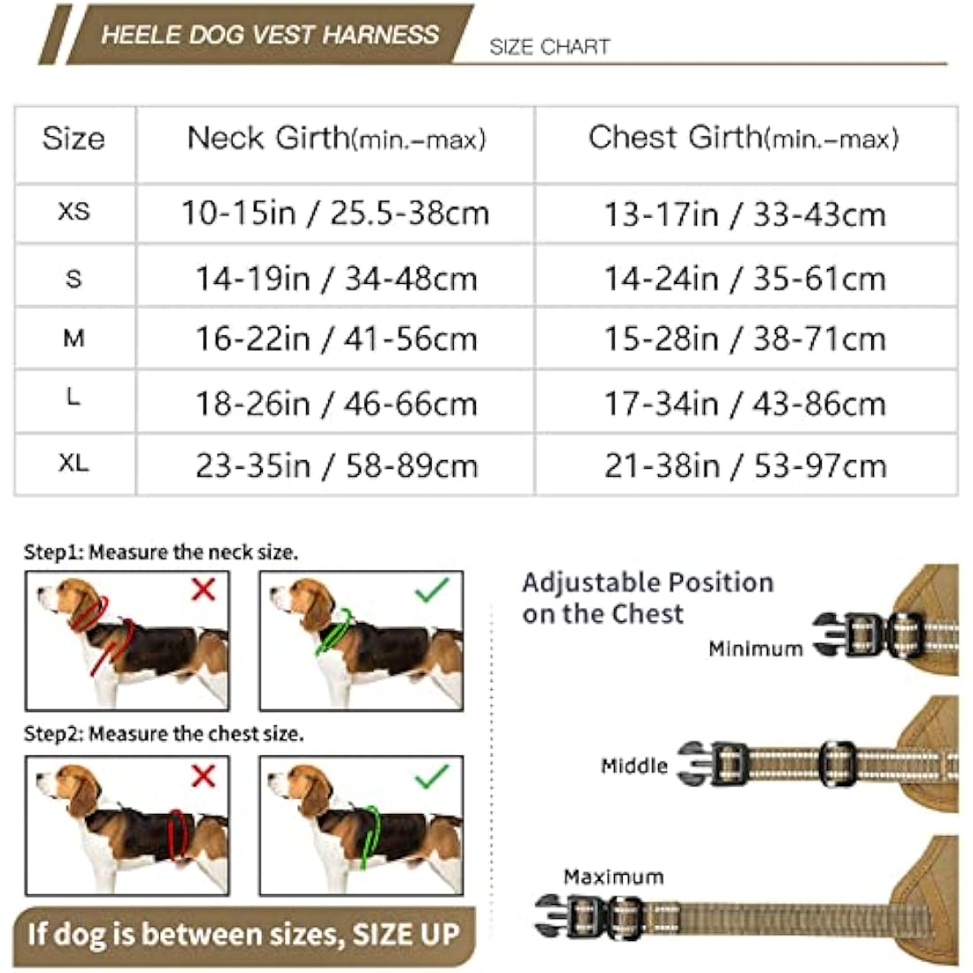 HEELE Dog Harness, No Pull Dog Harness Small, Release on Neck, Front Back Clips Dog Vest Harness Reflective Adjustable Padded, Easy Control Handle for Outdoor Walking Training, Bronze, XS