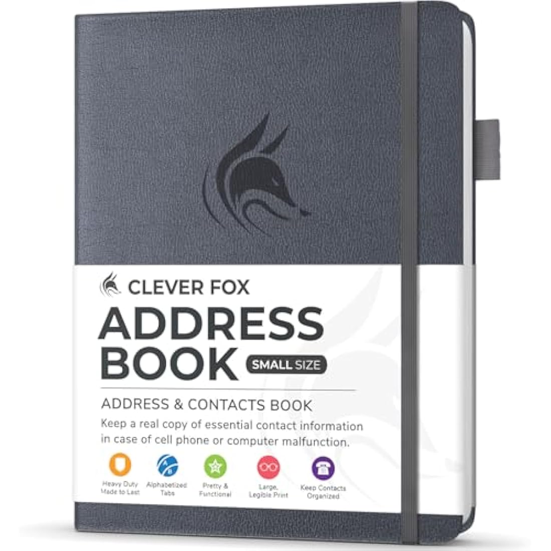 Clever Fox Address Book with alphabetic tabs - PU Leather Telephone and Address Book for Keeping Contacts Safe, Contact Organizer Journal, Small Size (10.5 x 14cm), Hardcover, Silver Black