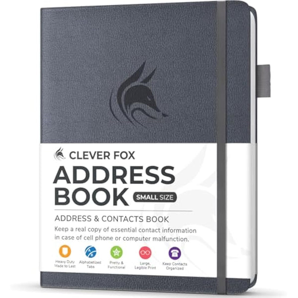 Clever Fox Address Book with alphabetic tabs - PU Leather Telephone and Address Book for Keeping Contacts Safe, Contact Organizer Journal, Small Size (10.5 x 14cm), Hardcover, Silver Black
