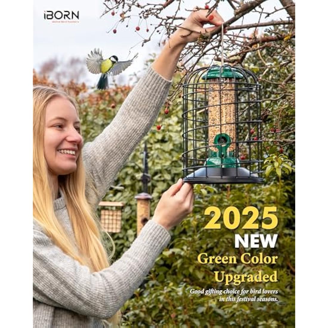 iBorn Squirrel Proof Bird Feeder with Squirrel, Pestoff Hanging Wild Bird Seed Feeder for Mix Seed Blends, Sunflower Heart, Birdbath, Heavy Duty All Metal Anti-UV Finishing, Green 8 Inch